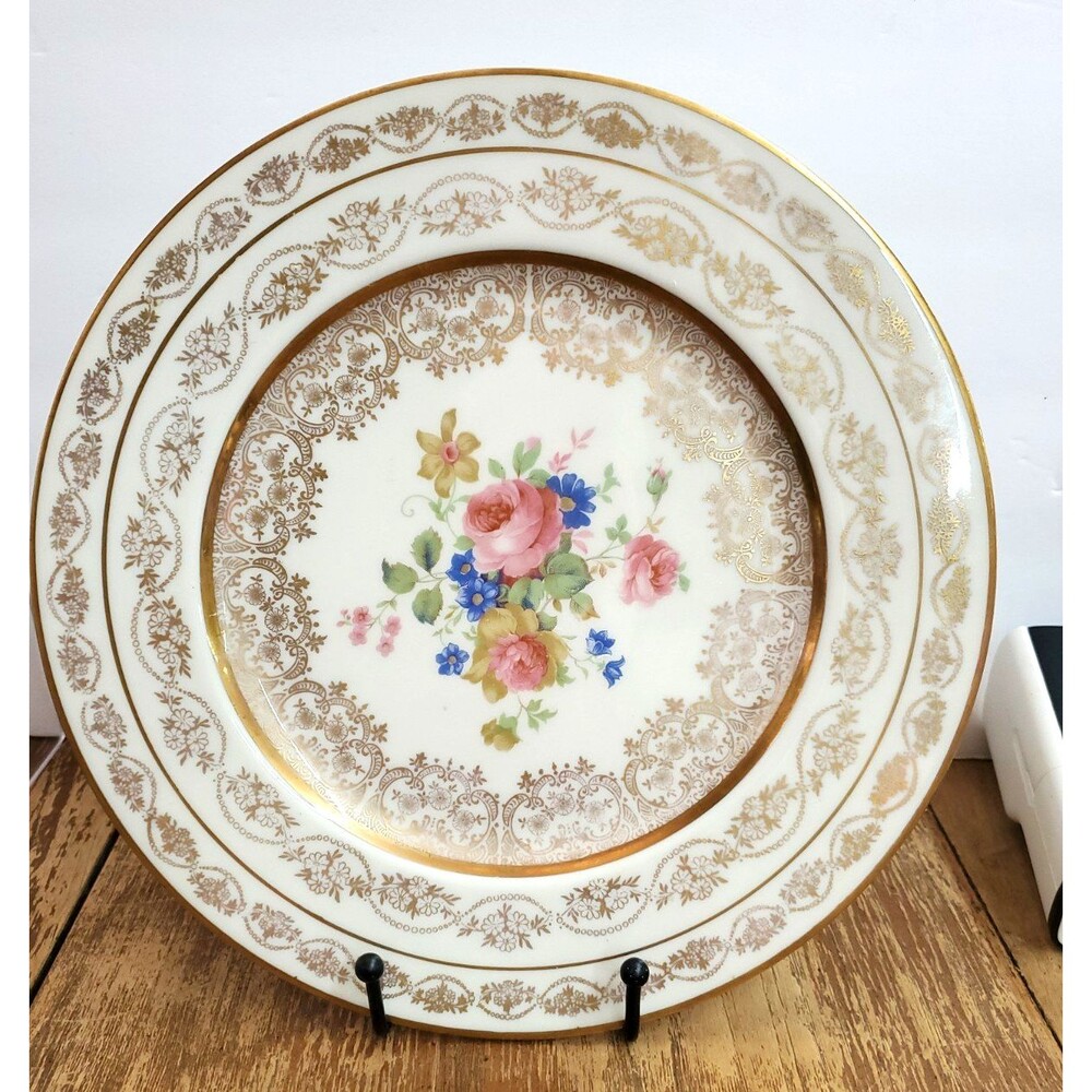 Vintage Atlas China New York 10 5/8" Dinner Plate Floral 22K Gold Filigree USA